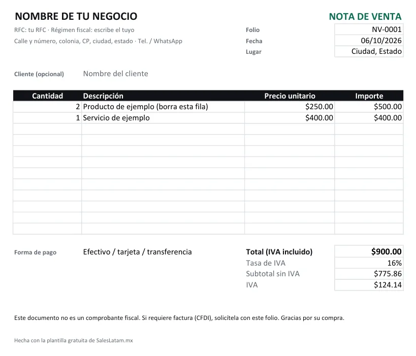 Vista del formato de nota de venta en Excel con total e IVA desglosado